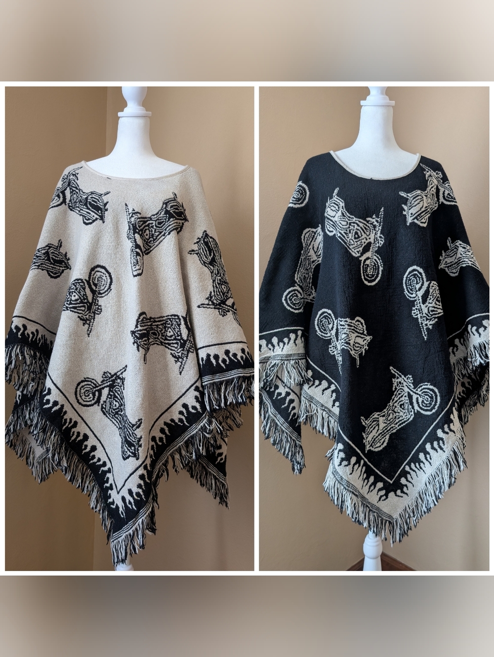Reversible Motorcycle Cotton Knit Throw Poncho Blanket Fringe USA 48x46